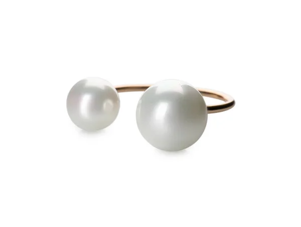 Elegant Golden Ring Pearls Isolated White — Stockfoto