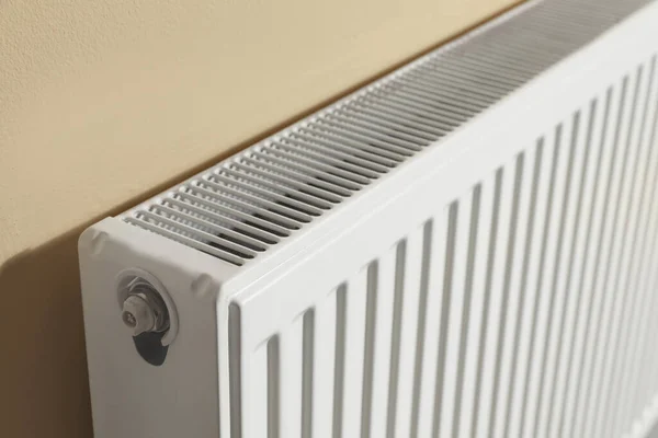 Modern Radiator Beige Wall Closeup Central Heating System — Stock Photo, Image