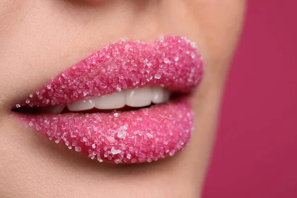 Young Woman Beautiful Lips Covered Sugar Pink Background Closeup — Stock Photo, Image