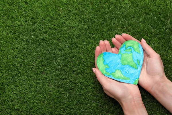 Happy Earth Day Woman Heart Shaped Plasticine Planet Green Grass —  Fotos de Stock
