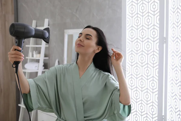 Beautiful Young Woman Using Hair Dryer Bathroom — Stock Photo, Image