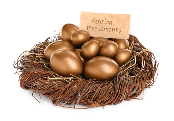 Muitos Ovos Dourados Cartão Com Frase Pension Investments Nest White — Fotografia de Stock