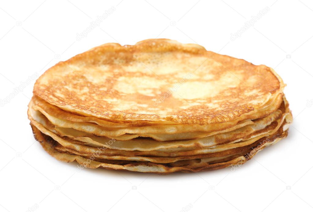 Stack of delicious crepes on white background