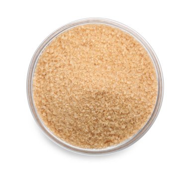 Brown sugar in glass bowl isolated on white, top view