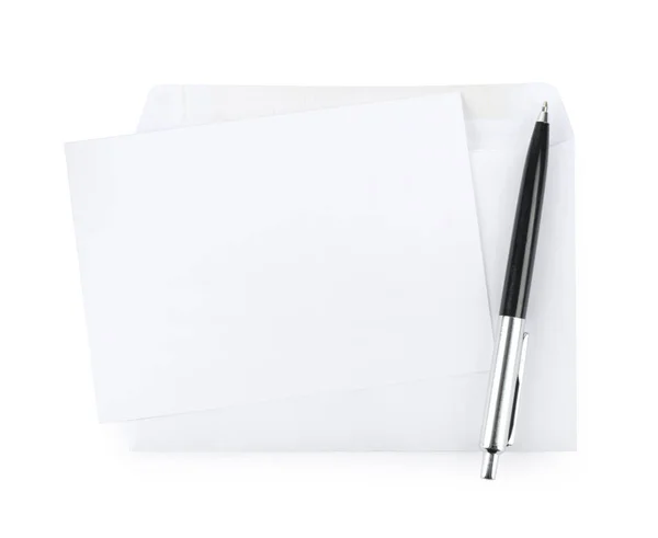 Конверт Порожньою Літерою Ручкою Білому Тлі Вид Зверху — стокове фото