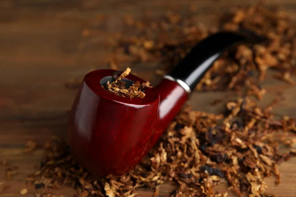 Smoking Pipe Dry Tobacco Wooden Table Closeup — Stock Photo, Image