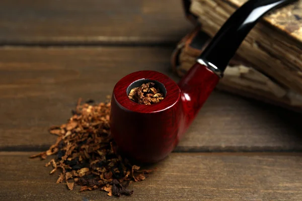 Smoking Pipe Dry Tobacco Wooden Table Closeup — Stockfoto