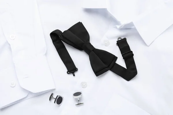 Stylish Black Bow Tie Cufflinks White Shirt Top View — Φωτογραφία Αρχείου