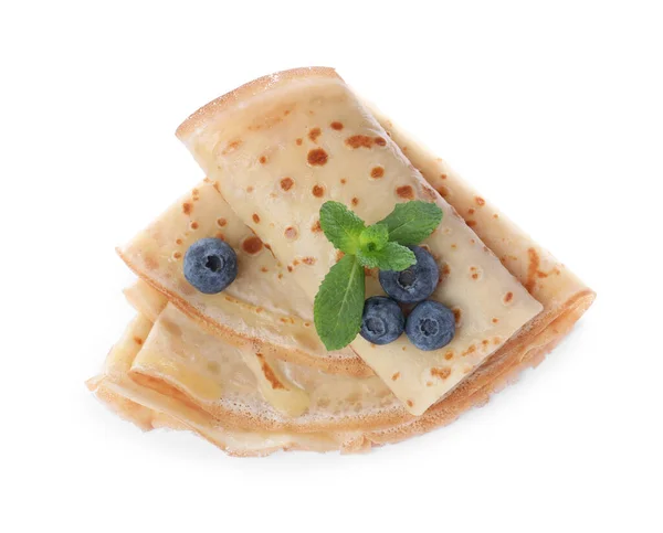 Delicious Crepes Blueberry Mint White Background Top View — Stok Foto