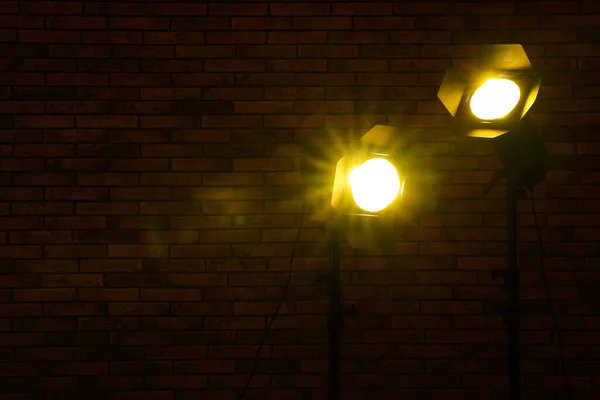 Bright Yellow Spotlights Brick Wall Darkness Space Text — Foto de Stock
