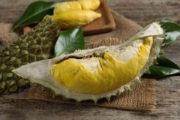Pieces Fresh Ripe Durian Fruit Wooden Table Closeup — Zdjęcie stockowe