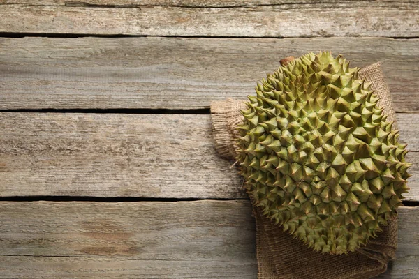 Ripe Durian Wooden Table Top View Space Text — Zdjęcie stockowe