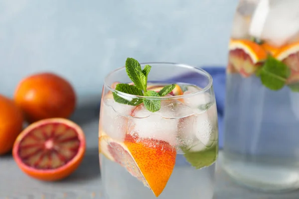Delicious Refreshing Drink Sicilian Orange Mint Grey Table Closeup — Fotografia de Stock