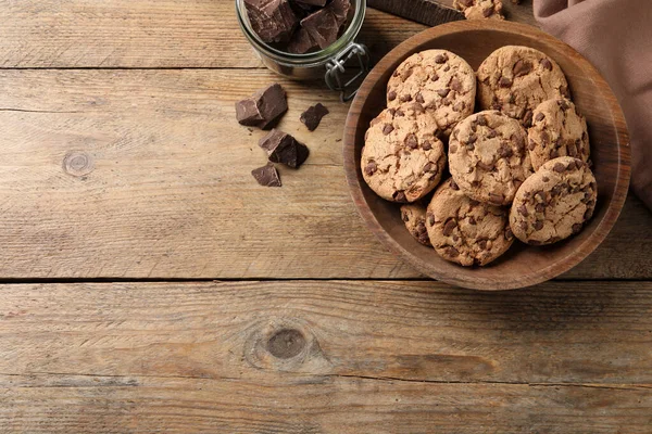 Delicious Chocolate Chip Cookies Wooden Table Flat Lay Space Text — Stock Photo, Image