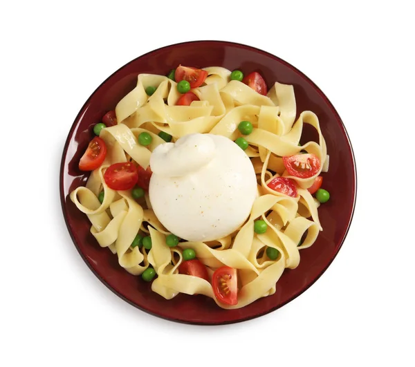 Tallrik Med Läcker Pasta Med Burrata Ärtor Och Tomater Isolerade — Stockfoto