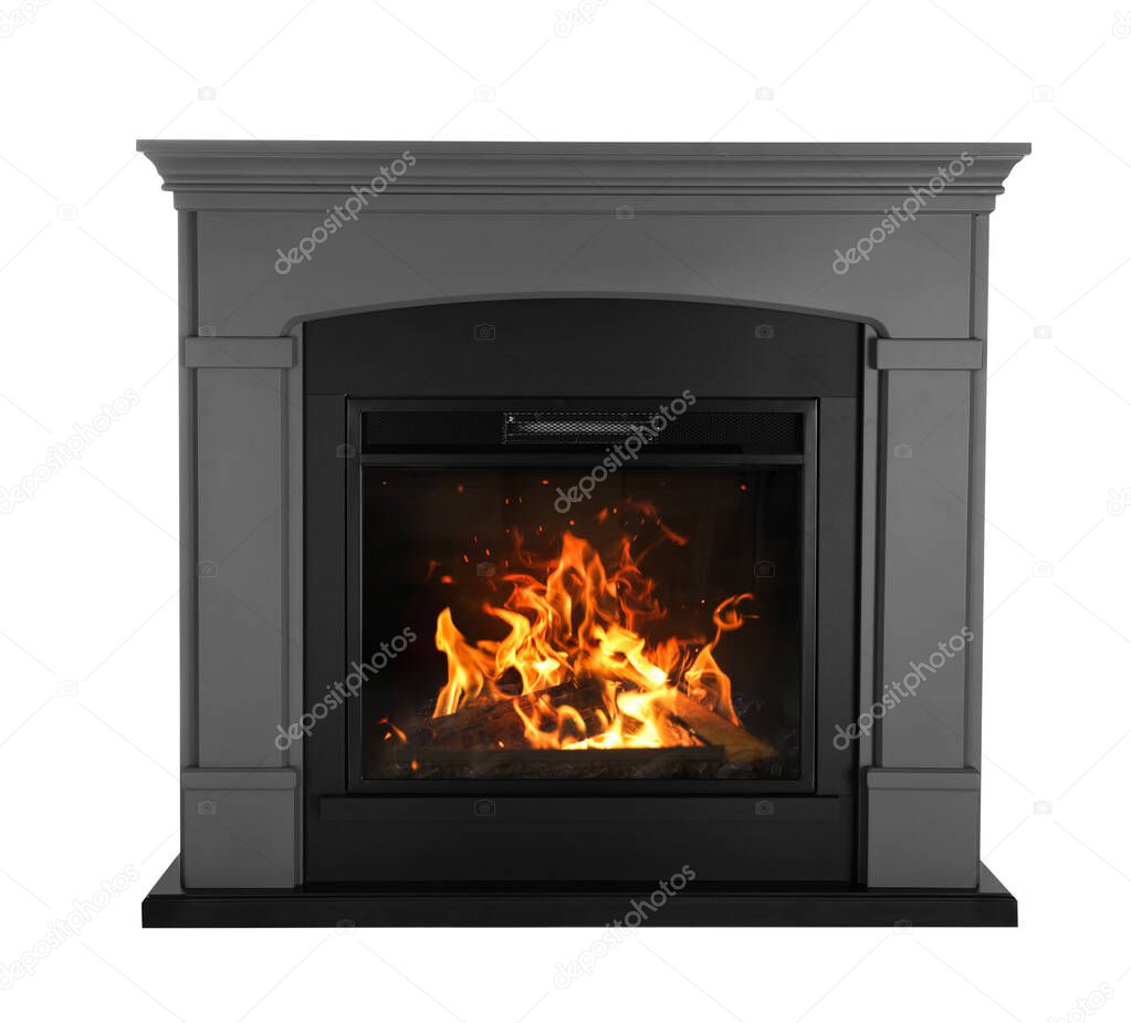 Decorative electrical fireplace isolated on white. Interior element