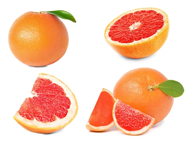 Set Whole Cut Ripe Juicy Grapefruits White Background — Photo