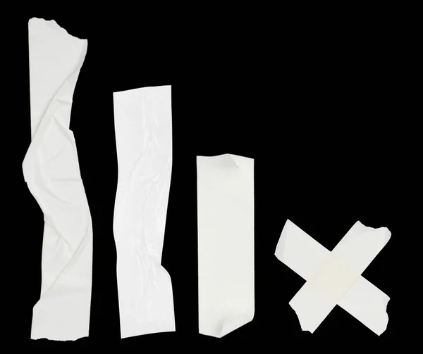 Set Kousky Bílých Lepicích Pásků Černém Pozadí Byt Ležel — Stock fotografie