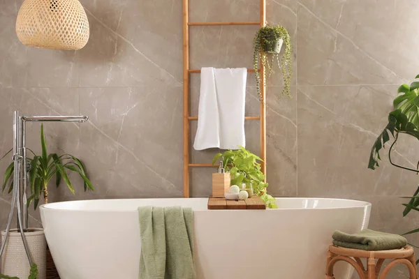 Moderna Bañera Blanca Hermosas Plantas Interior Verdes Baño Diseño Interiores — Foto de Stock