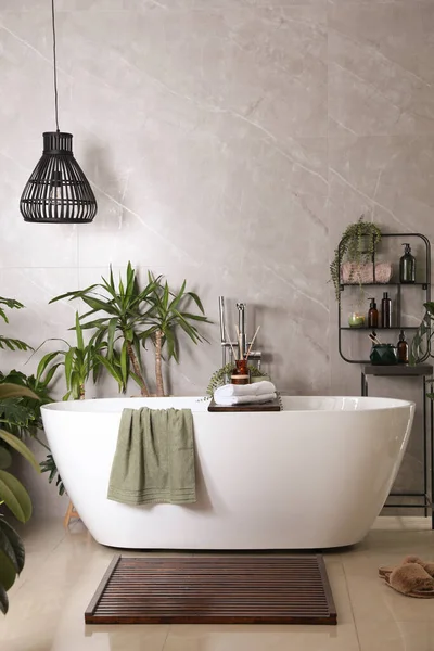 Modern Fehér Kád Gyönyörű Zöld Szobanövények Fürdőszobában Belső Kialakítás — Stock Fotó