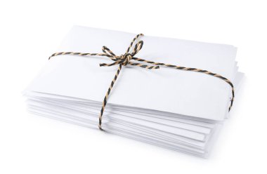 Stack of letters wrapped with rope on white background