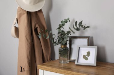 Güzel okaliptüs dalları olan vazolar ve gri duvarın yanındaki çekmecelerin üzerindeki resimler.