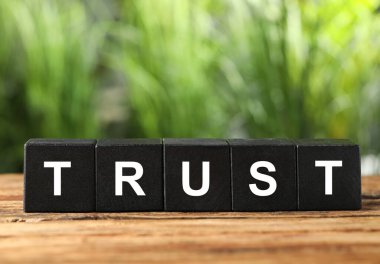Word Trust, ahşap masanın üzerindeki siyah küplerden yapılmıştır.