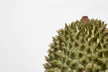 Beyaz arka planda taze olgun durian, yakın plan. Metin için boşluk