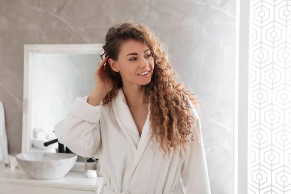 Beautiful Woman Wearing Soft White Robe Bathroom — Stock Photo, Image