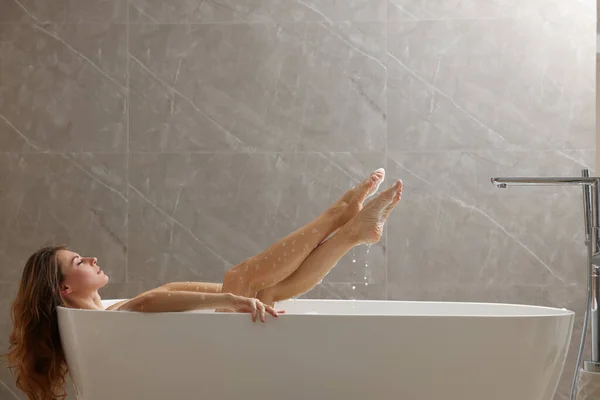 Beautiful Woman Taking Bath Foam Indoors — Stock Photo, Image