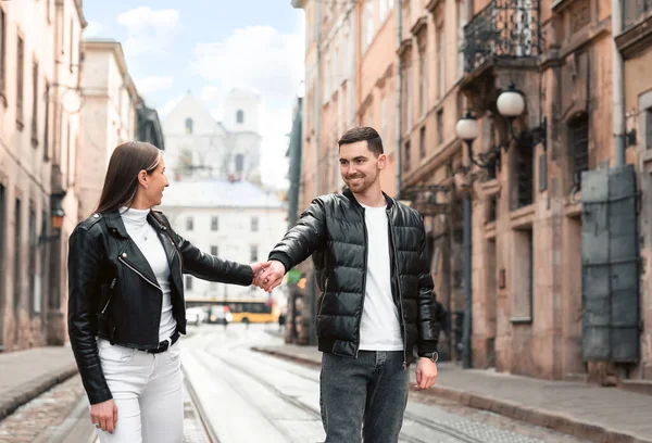 Lovely Young Couple Walking Tram Track Pavement Road Romantic Date — Foto de Stock