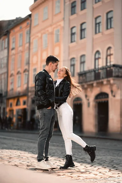 Lovely Young Couple Together City Street Romantic Date — Stockfoto