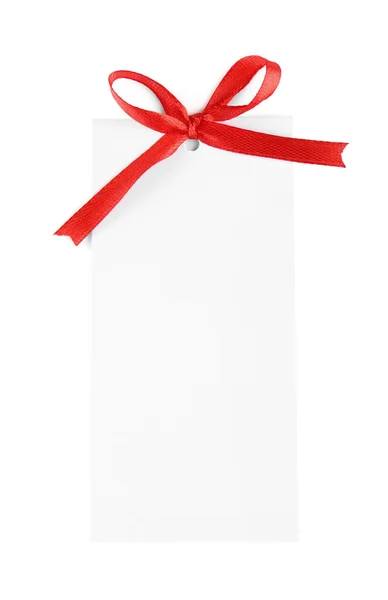 Blank Gift Tag Red Satin Ribbon White Background Top View — Stockfoto