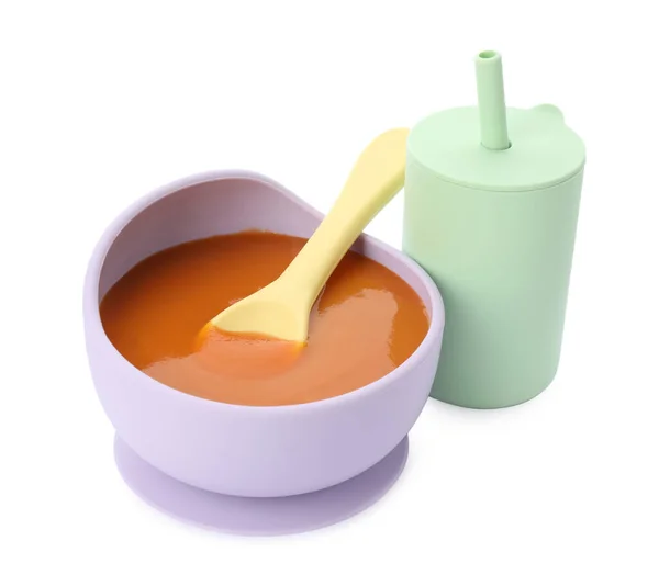 Healthy Baby Food Bowl Drink White Background — Stock fotografie