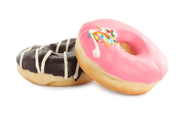 Doce Saboroso Donuts Envidraçados Fundo Branco — Fotografia de Stock