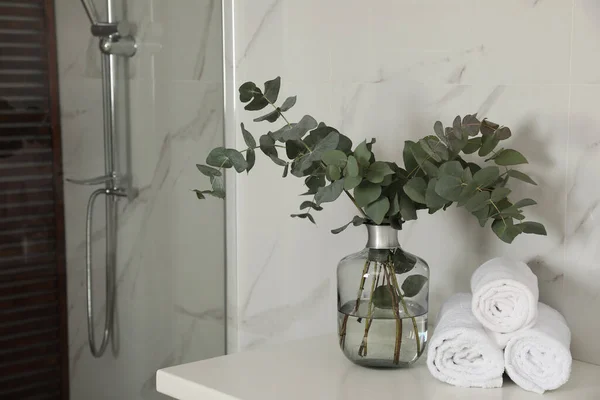 Hengerelt Törölközők Üveg Váza Gyönyörű Eukaliptusz Ágak Közelében Zuhanyfülke Fürdőszobában — Stock Fotó