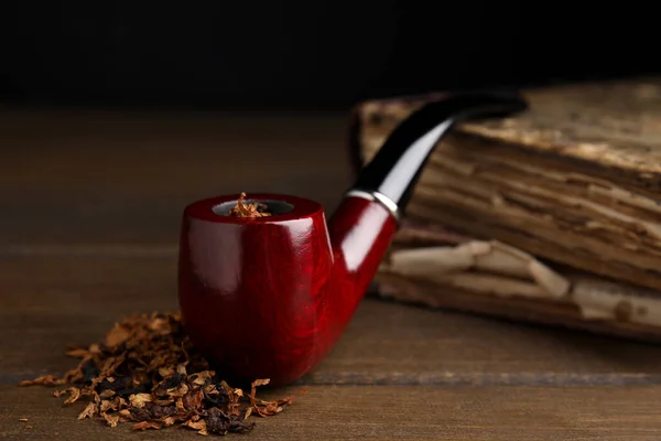 Smoking Pipe Dry Tobacco Wooden Table Closeup — Stock Photo, Image