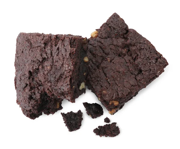Köstliche Schokoladenbrownies Mit Nüssen Auf Weißem Hintergrund Draufsicht — Stockfoto