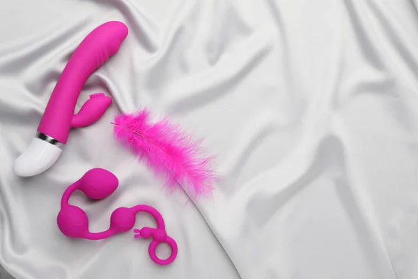 Pink Sex Toys Feather White Fabric Flat Lay Space Text — Stock Photo, Image