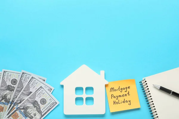 Nota Com Palavras Pagamento Hipoteca Férias Modelo Casa Notebook Dinheiro — Fotografia de Stock