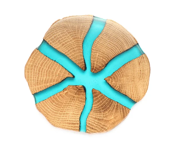 Stylish Wooden Cup Coaster Isolated White Top View — Stock Photo, Image