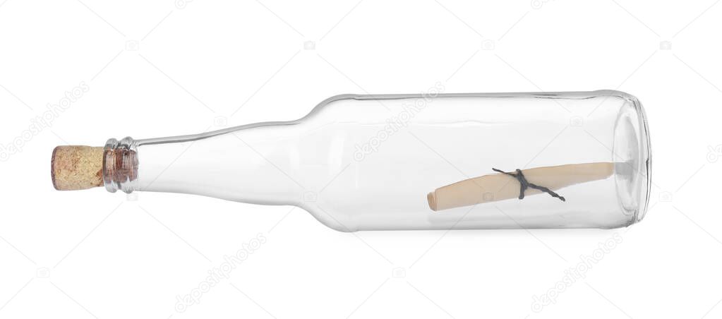 Message in corked glass bottle isolated on white