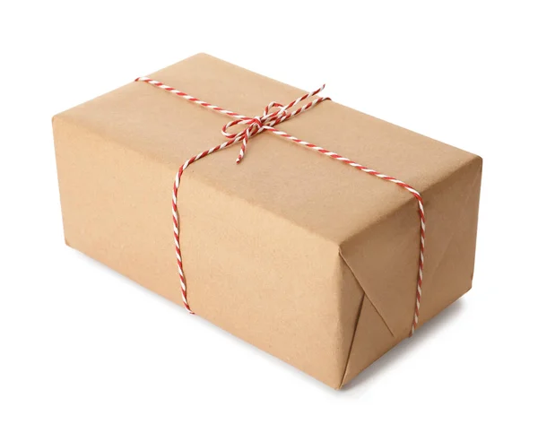 Presentförpackning Förpackad Kraftpapper Med Rosett Isolerad Vitt — Stockfoto