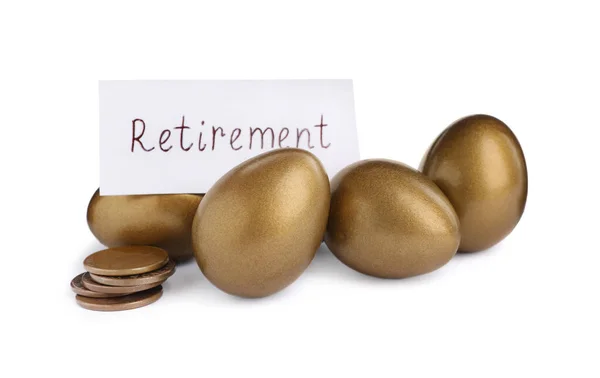 Many Golden Eggs Coins Card Word Retirement White Background Pension — Stock Photo, Image