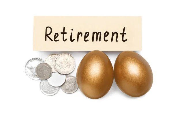 Golden Eggs Coins Card Word Retirement White Background Top View — Stock Photo, Image