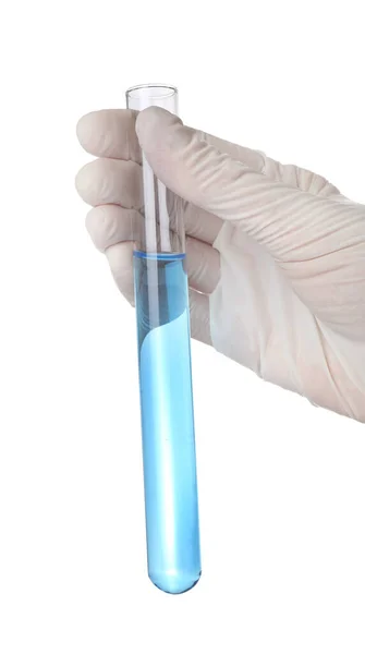 Επιστήμονας Γάντια Κρατώντας Δοκιμαστικό Σωλήνα Ανοιχτό Μπλε Υγρό Λευκό Φόντο — Φωτογραφία Αρχείου