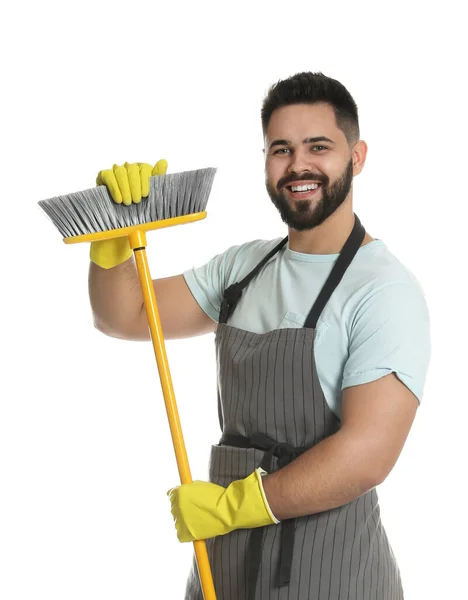 Young Man Yellow Broom White Background — Stock Photo, Image
