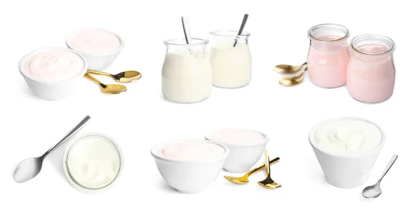 Набор Вкусным Йогуртом Белом Фоне Баннерный Дизайн — стоковое фото