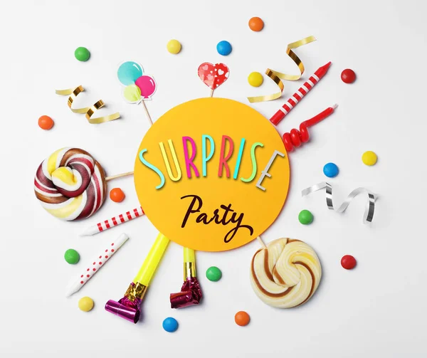 Flat Lay Composition Different Items Surprise Party White Background — Zdjęcie stockowe