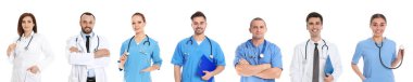 Beyaz arkaplandaki doktorların fotoğraflarıyla kolaj. Pankart tasarımı